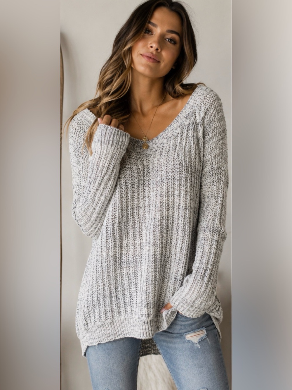 FREE PEOPLE STAR DUNE SLOCHY KNIT SWEATER GRAY OVERSIZED TUNIC BOHO SIZE L